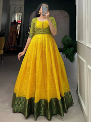Captivating Yellow Zari Woven Cotton Event Wear Gown With Koti