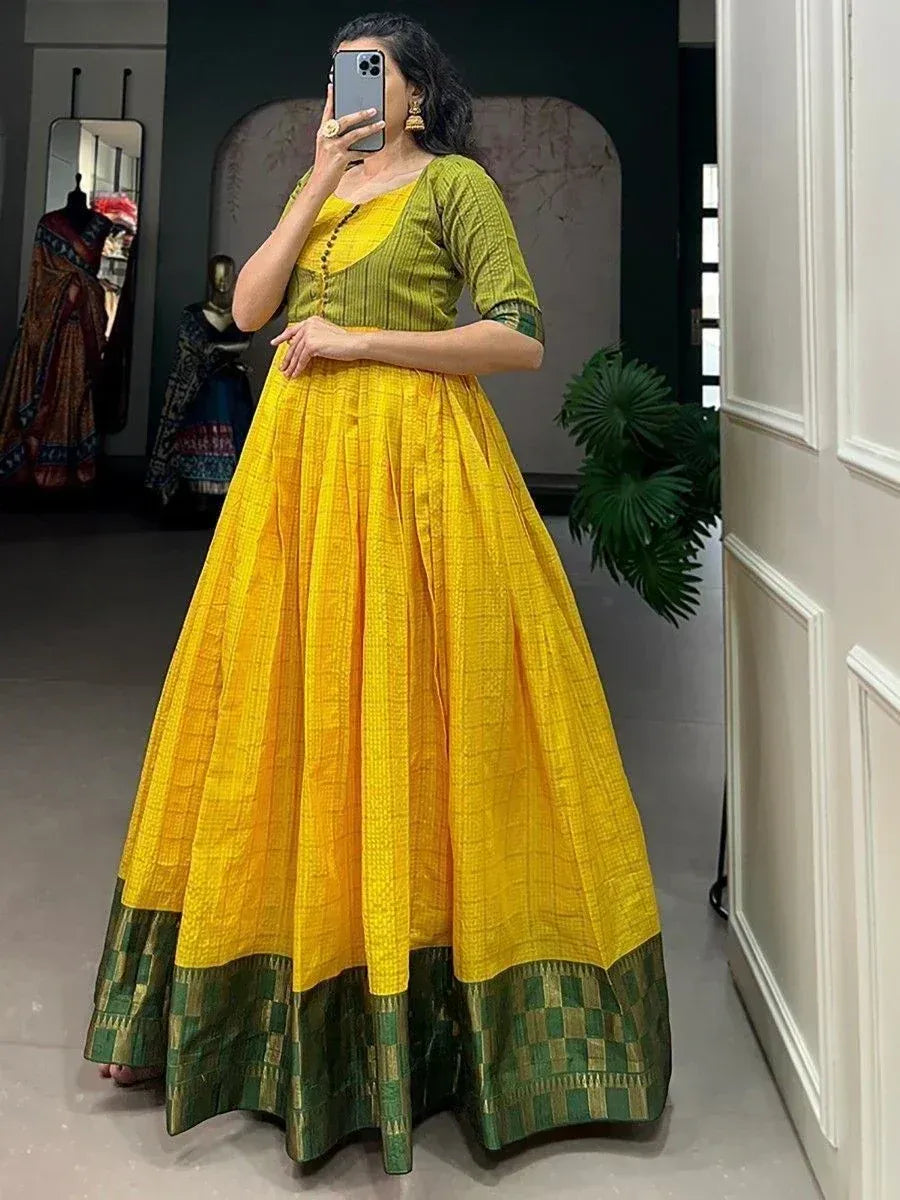 Yellow and green ethnic gown with pleated skirt, perfect for Indian occasions and festive wear