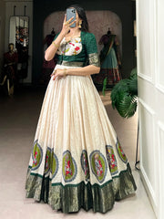 Charming off-White Kalamkari Print Silk Gown With Green Jacket
