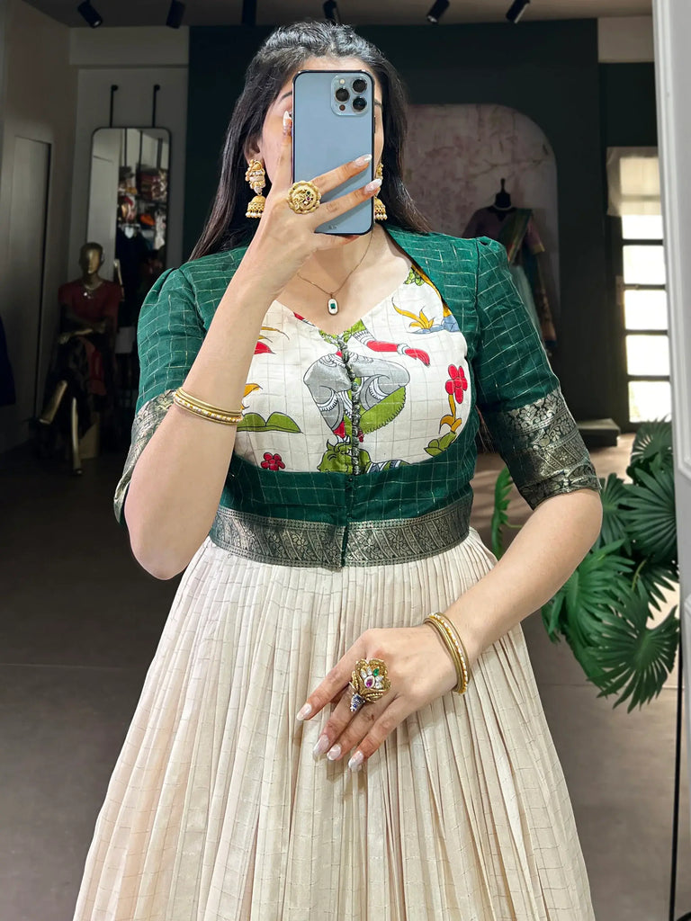 Charming off-White Kalamkari Print Silk Gown With Green Jacket