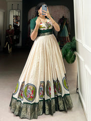 Charming off-White Kalamkari Print Silk Gown With Green Jacket