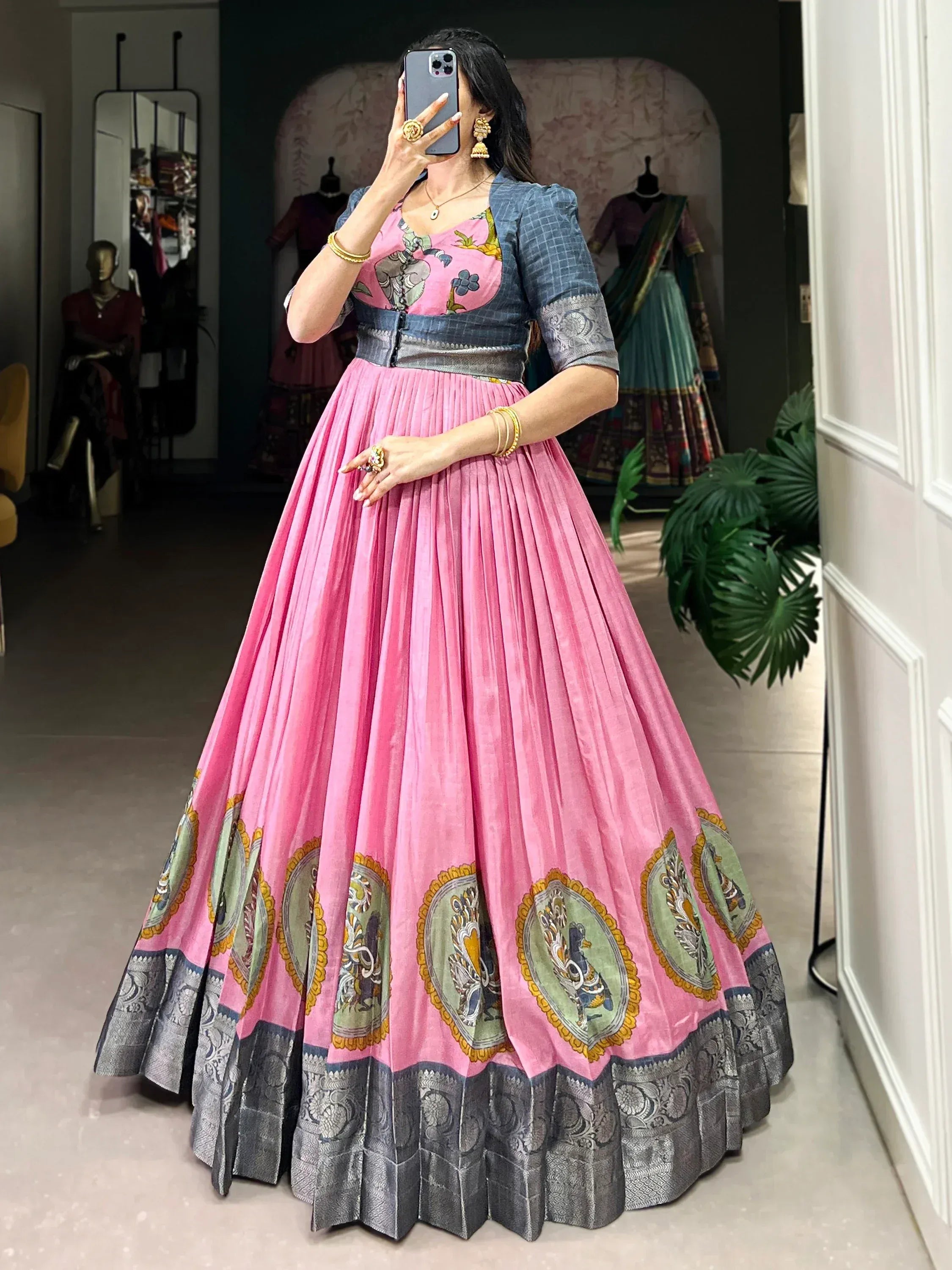 Pink printed lehenga choli with blue blouse, ethnic Indian wear for women