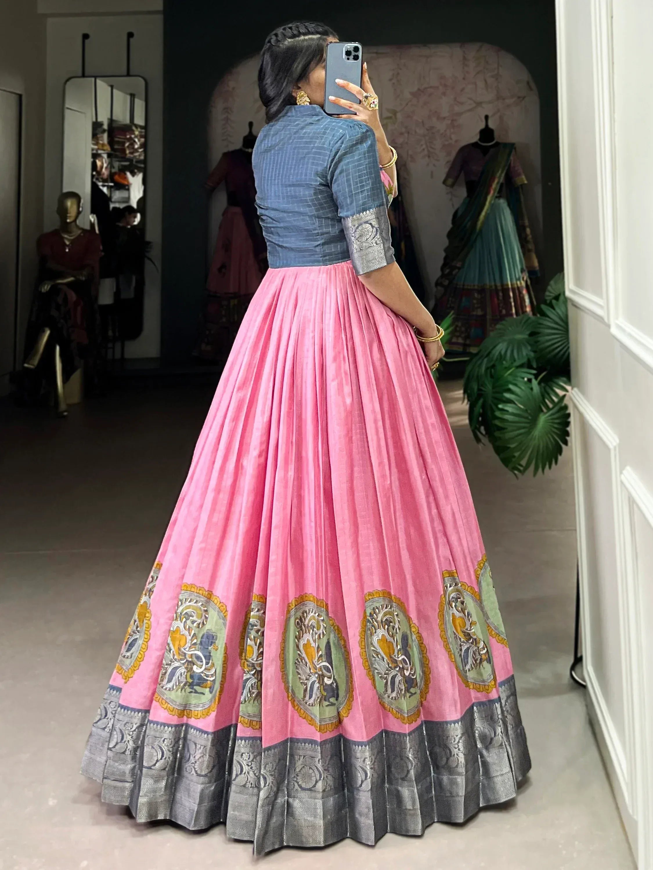 Pink pleated lehenga with embroidered border and blue checkered blouse, ethnic wear for women