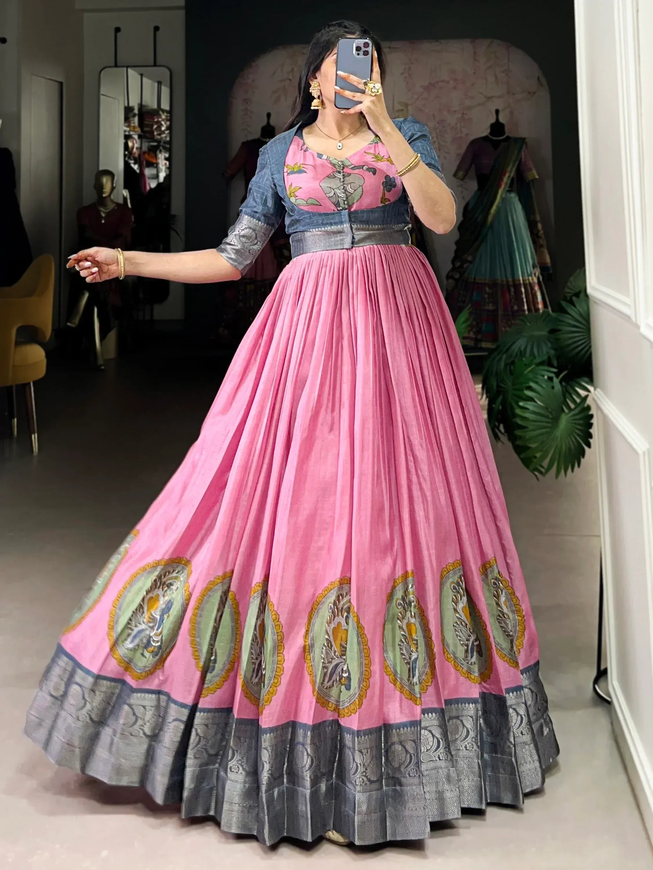 Pink pleated lehenga with elephant print blouse and silver border, Indian ethnic wear