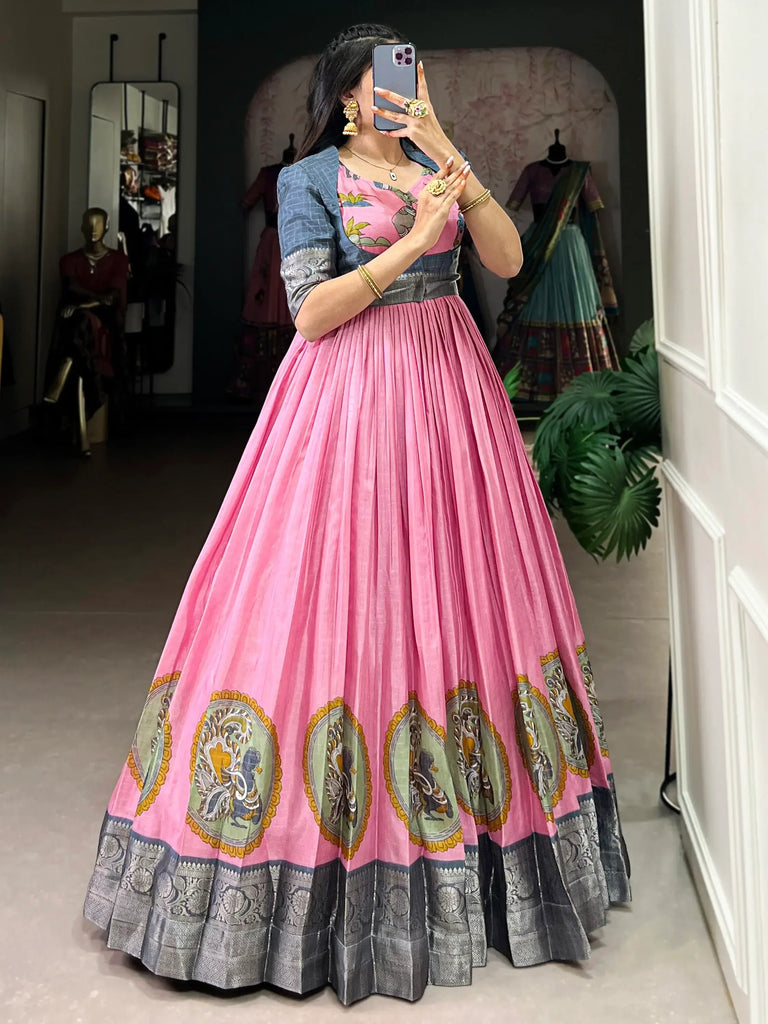 Adorable Pink Dola Silk Traditional Gown With Zari Weaving Jacket