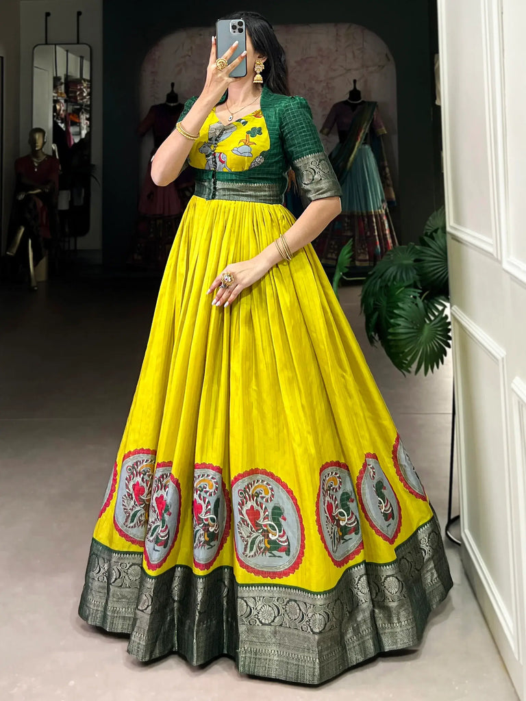Precious Light Green Kalamkari Printed Silk Gown With Jacket