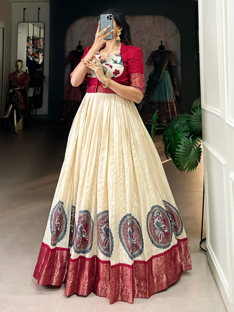 Attractive Off-White Kalamkari Printed Dola Silk Gown With Jacket
