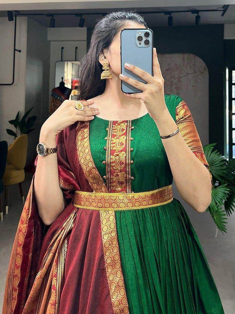 Incredible Green Zari Woven Cotton Traditional Gown With Dupatta