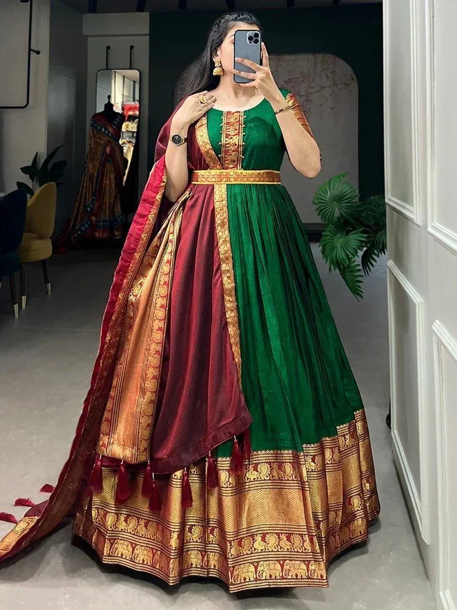 Green and maroon designer lehenga choli with gold embroidery, perfect for Indian ethnic wear occasions