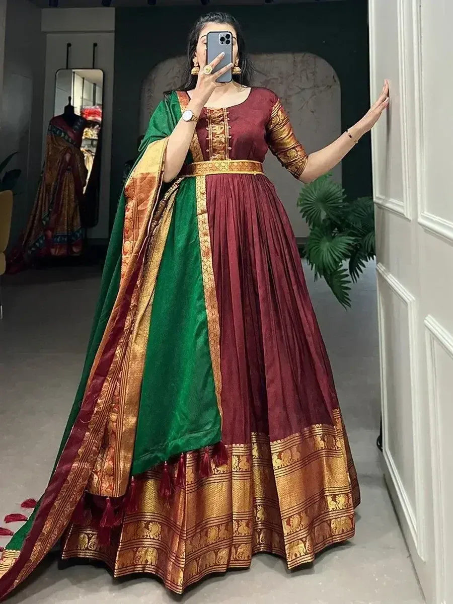 Maroon and green designer lehenga choli with gold zari work, perfect for Indian ethnic occasions