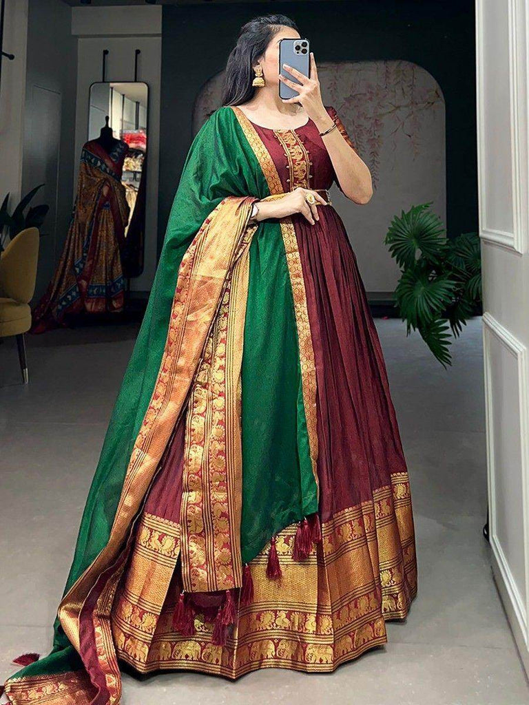 Stunning Maroon Zari Weaving Cotton Festival Wear Gown With Dupatta