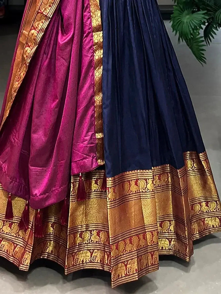 Gorgeous Navy Blue Zari Weaving Cotton Event Wear Gown With Dupatta