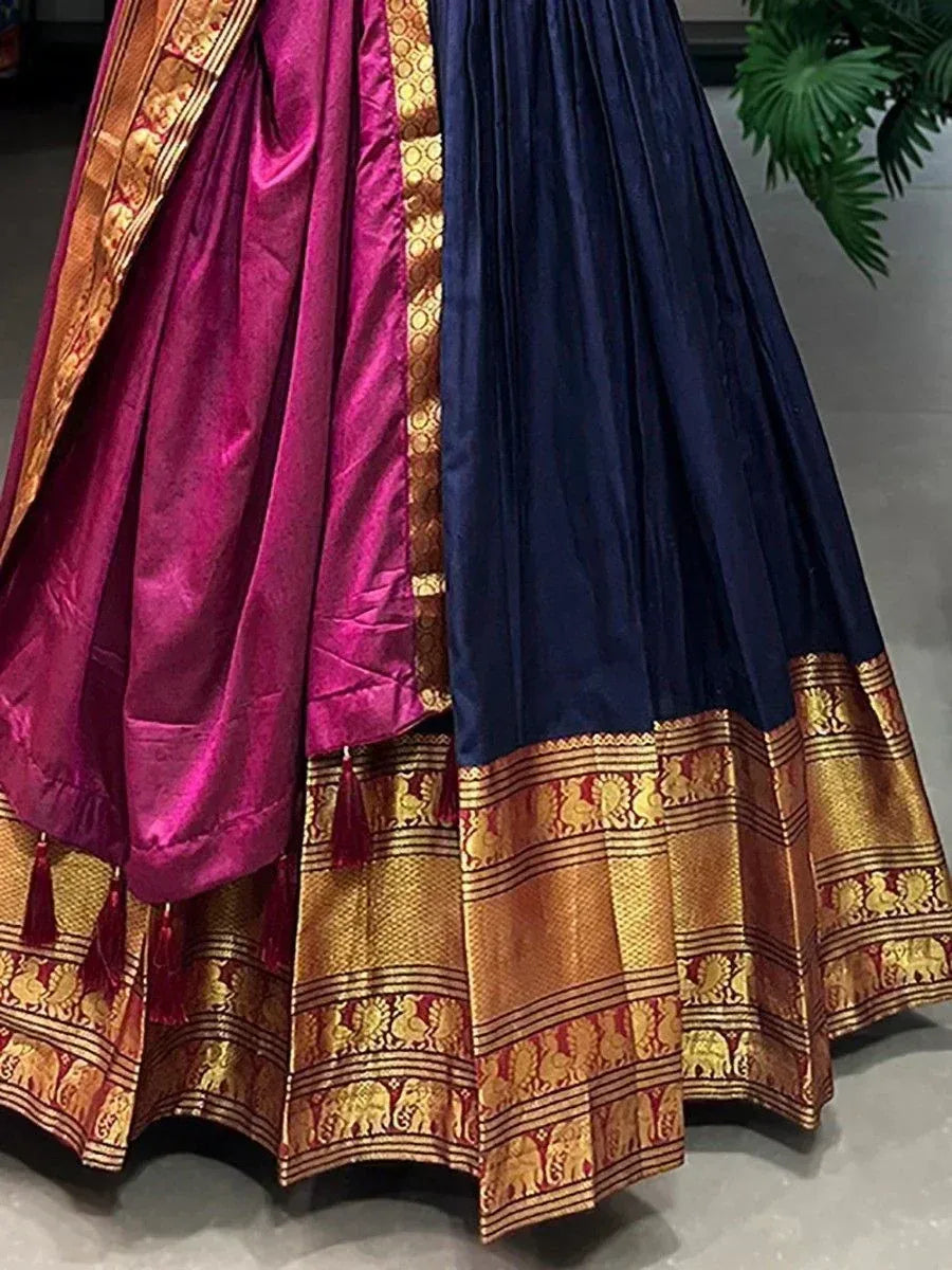Pink and navy blue designer lehenga with gold elephant border and tassels, ethnic wear