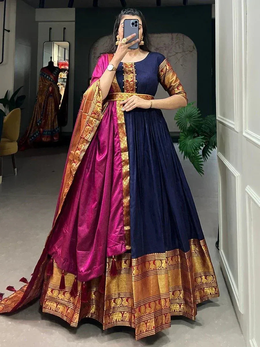 Blue and magenta designer lehenga choli with golden elephant border, perfect for Indian ethnic wear occasions