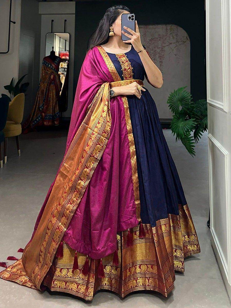 Gorgeous Navy Blue Zari Weaving Cotton Event Wear Gown With Dupatta