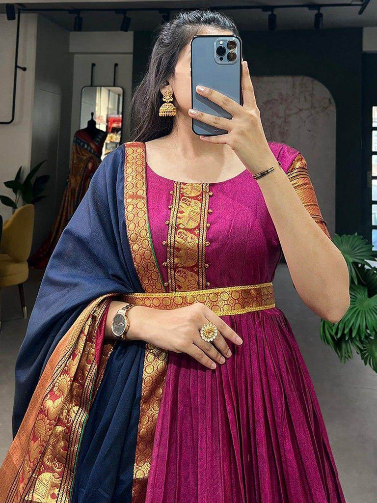 Beautiful Pink Zari Woven Cotton Festival Wear Gown With Dupatta