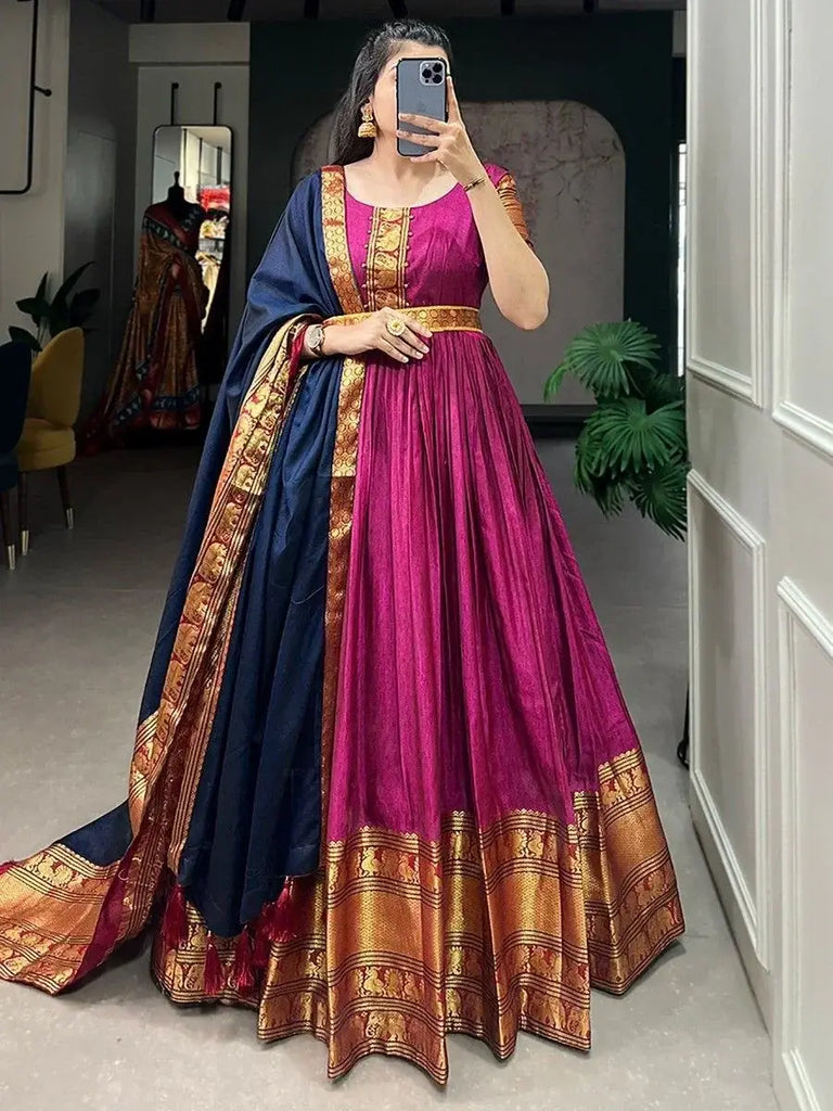 Beautiful Pink Zari Woven Cotton Festival Wear Gown With Dupatta