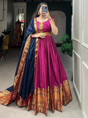 Beautiful Pink Zari Woven Cotton Festival Wear Gown With Dupatta
