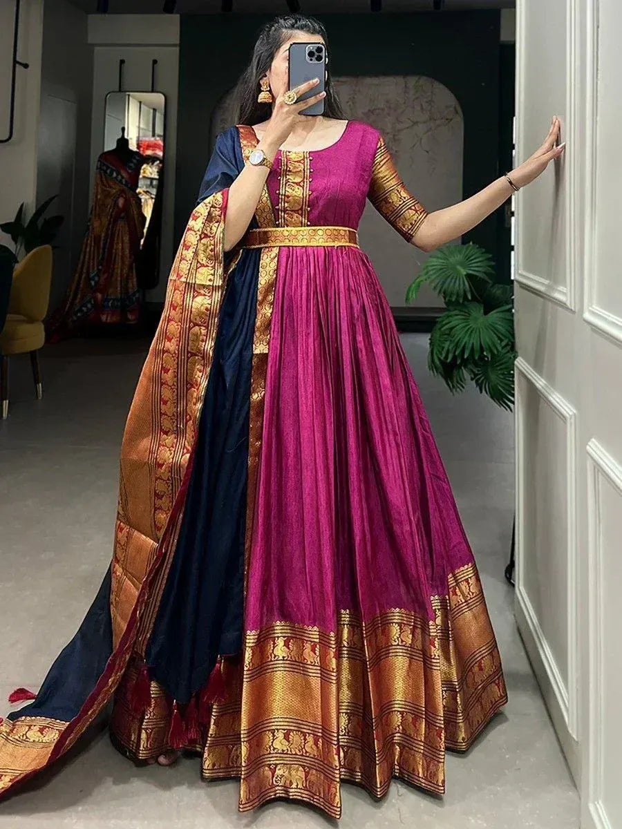 Purple and navy Indian ethnic gown with gold zari border, perfect for weddings and festive occasions