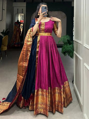 Beautiful Pink Zari Woven Cotton Festival Wear Gown With Dupatta