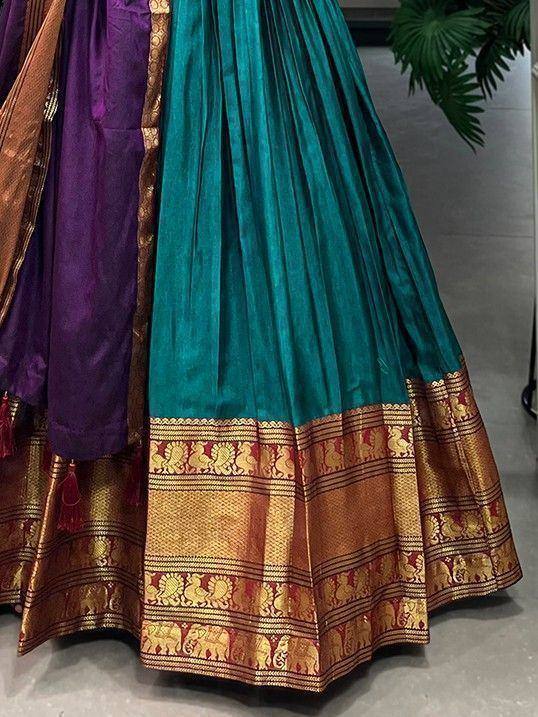 Teal and purple silk lehenga with golden elephant border, ethnic Indian wear