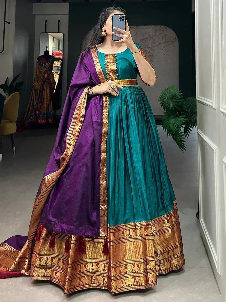 Teal and purple designer lehenga choli with gold embroidery, perfect for Indian ethnic wear occasions