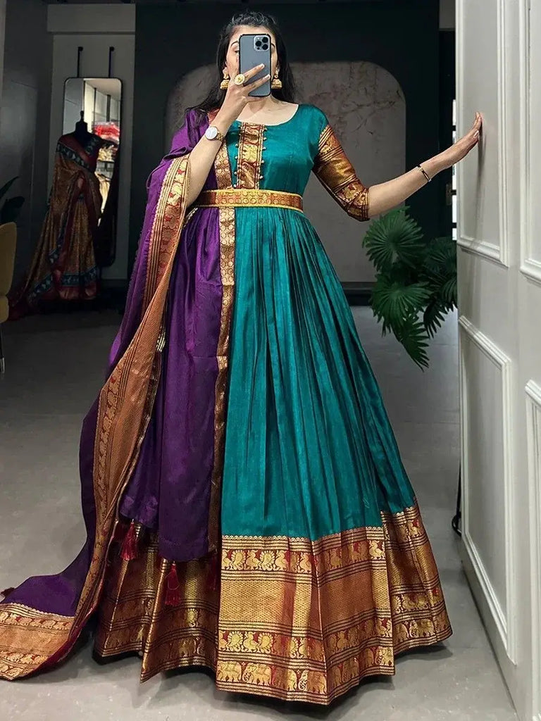Stunning Teal Blue Zari Weaving Cotton Traditional Gown With Dupatta
