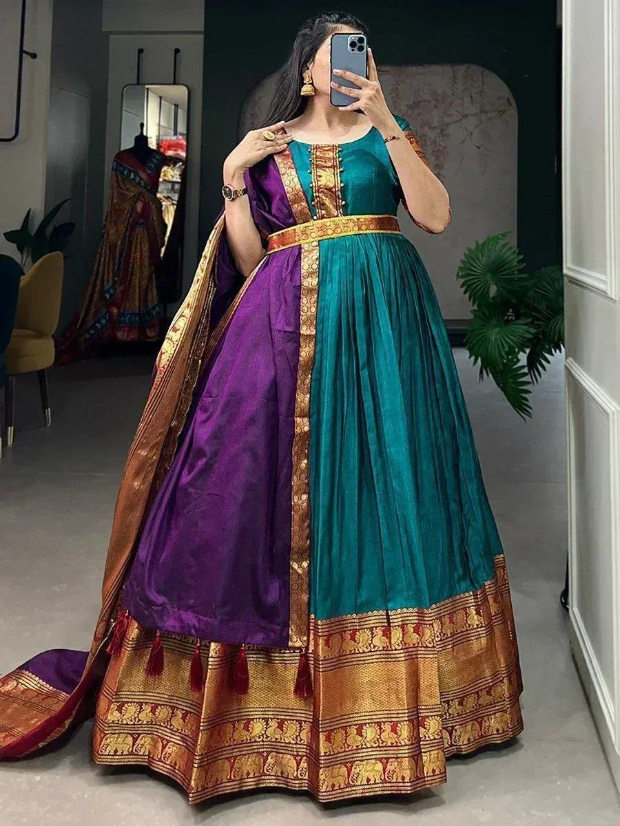 Teal and purple designer lehenga choli with gold elephant border, ethnic Indian wear for women