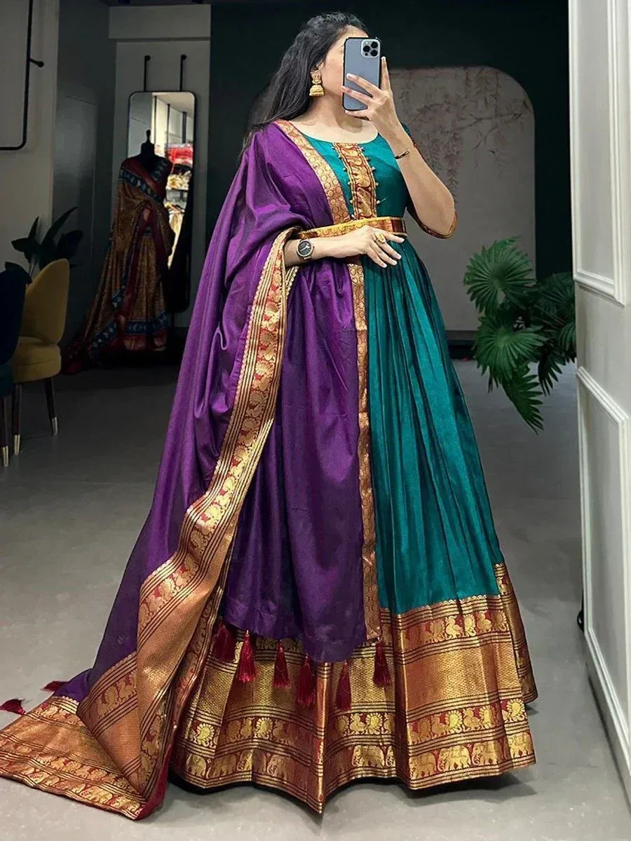 Purple and teal designer lehenga choli with gold embroidery and tassels, ethnic wear for women