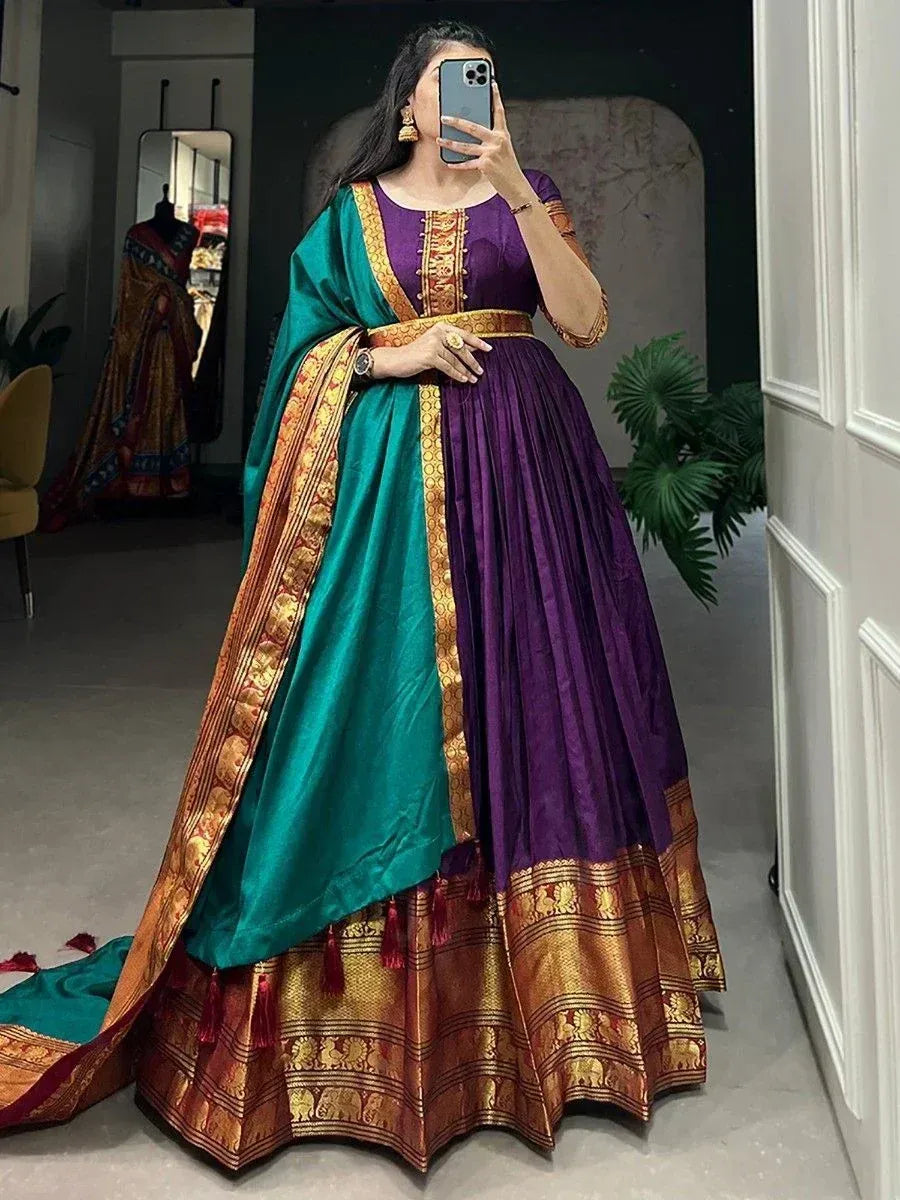 Purple and teal designer lehenga choli with gold border, ethnic wear for women