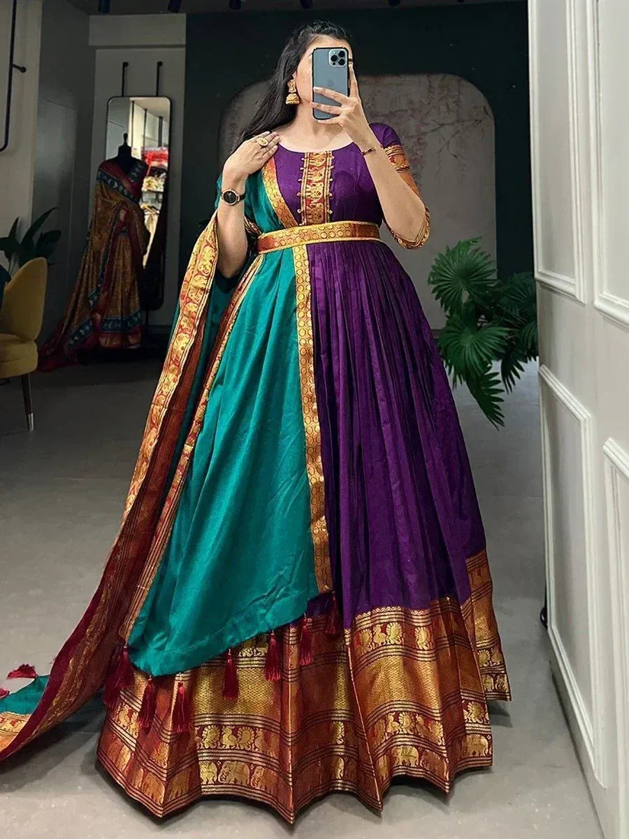 Purple and teal designer lehenga choli with gold embroidery, perfect for Indian ethnic wear occasions