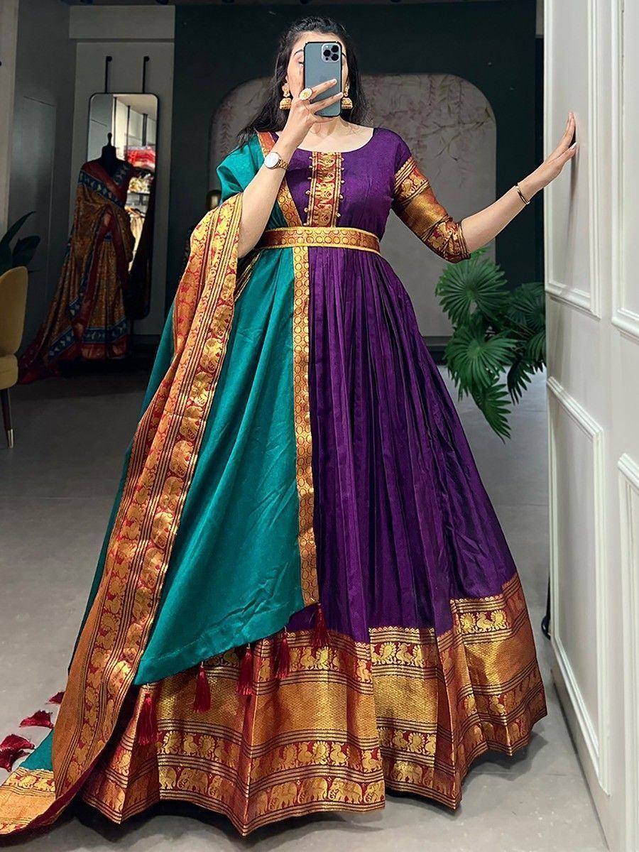 Purple and teal designer lehenga choli with gold embroidery, perfect for Indian ethnic wear occasions