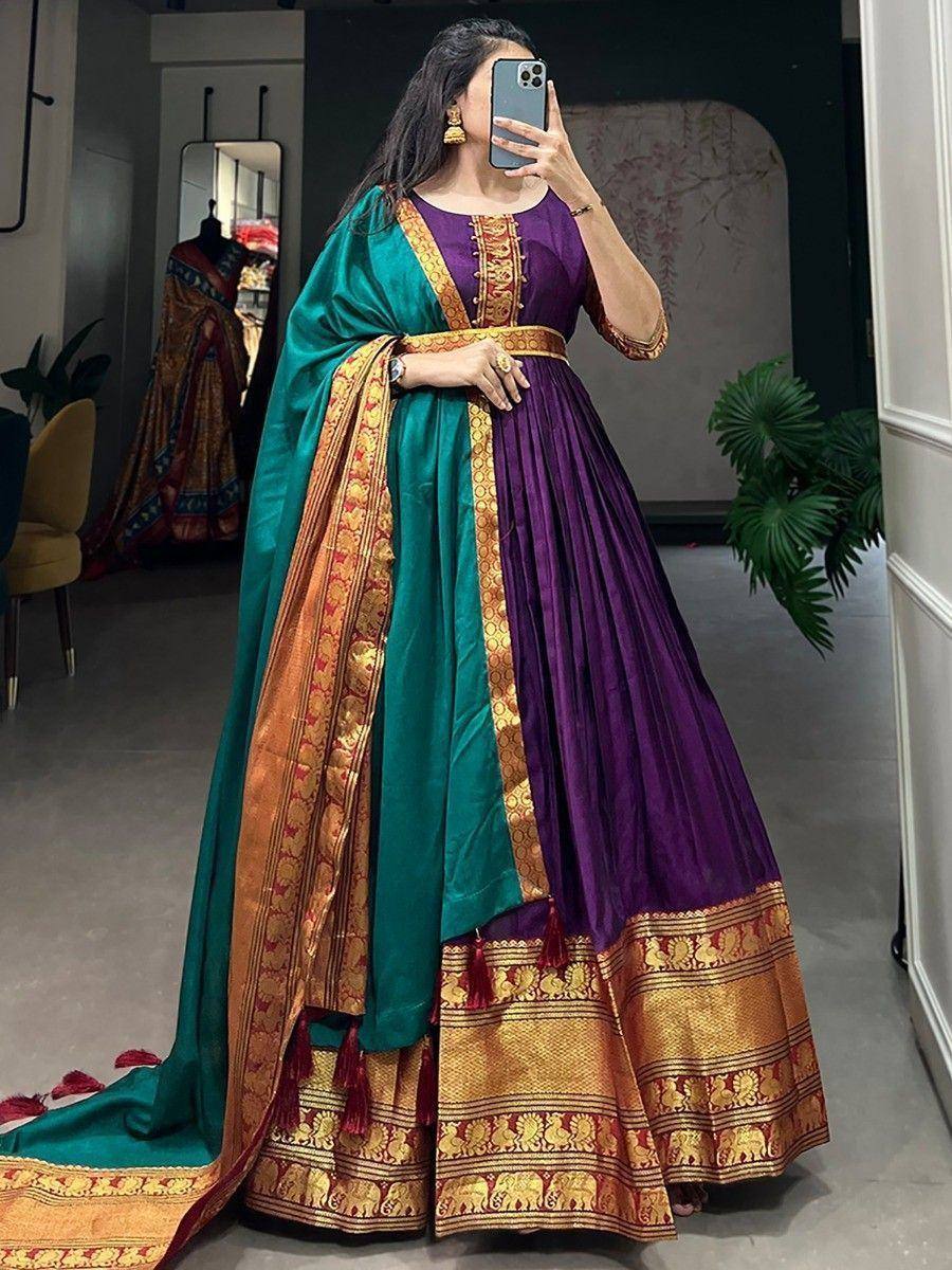 Purple and teal designer lehenga choli with gold elephant border, perfect for Indian ethnic occasions