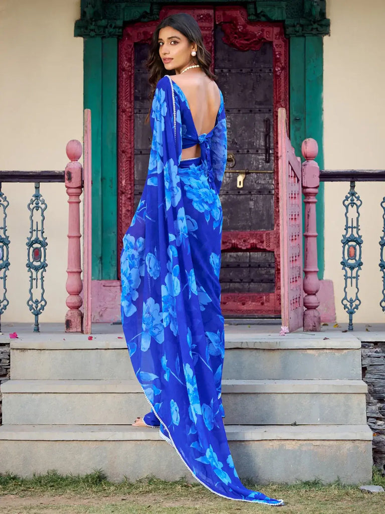 Wonderful Blue Floral Printed Chiffon Office Wear Saree With Blouse