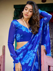 Wonderful Blue Floral Printed Chiffon Office Wear Saree With Blouse