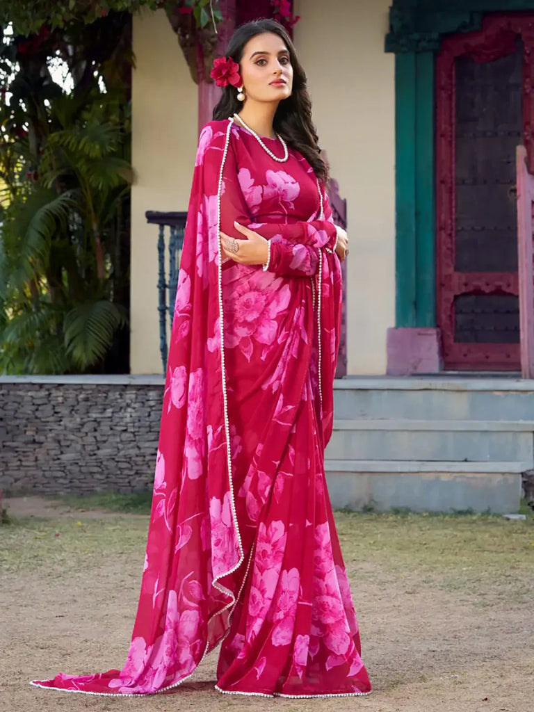 Awesome Pink Floral Printed Chiffon Office Wear Saree With Blouse