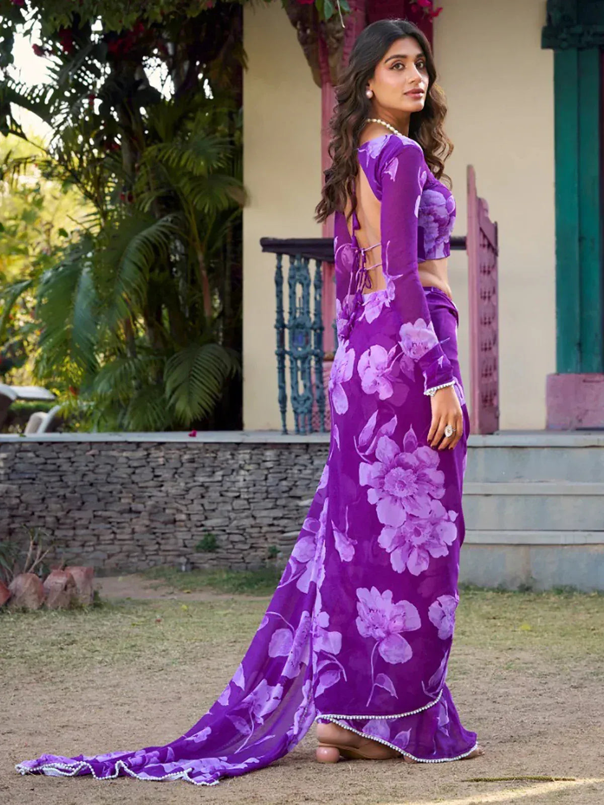 Purple floral saree with backless blouse, elegant ethnic wear for women