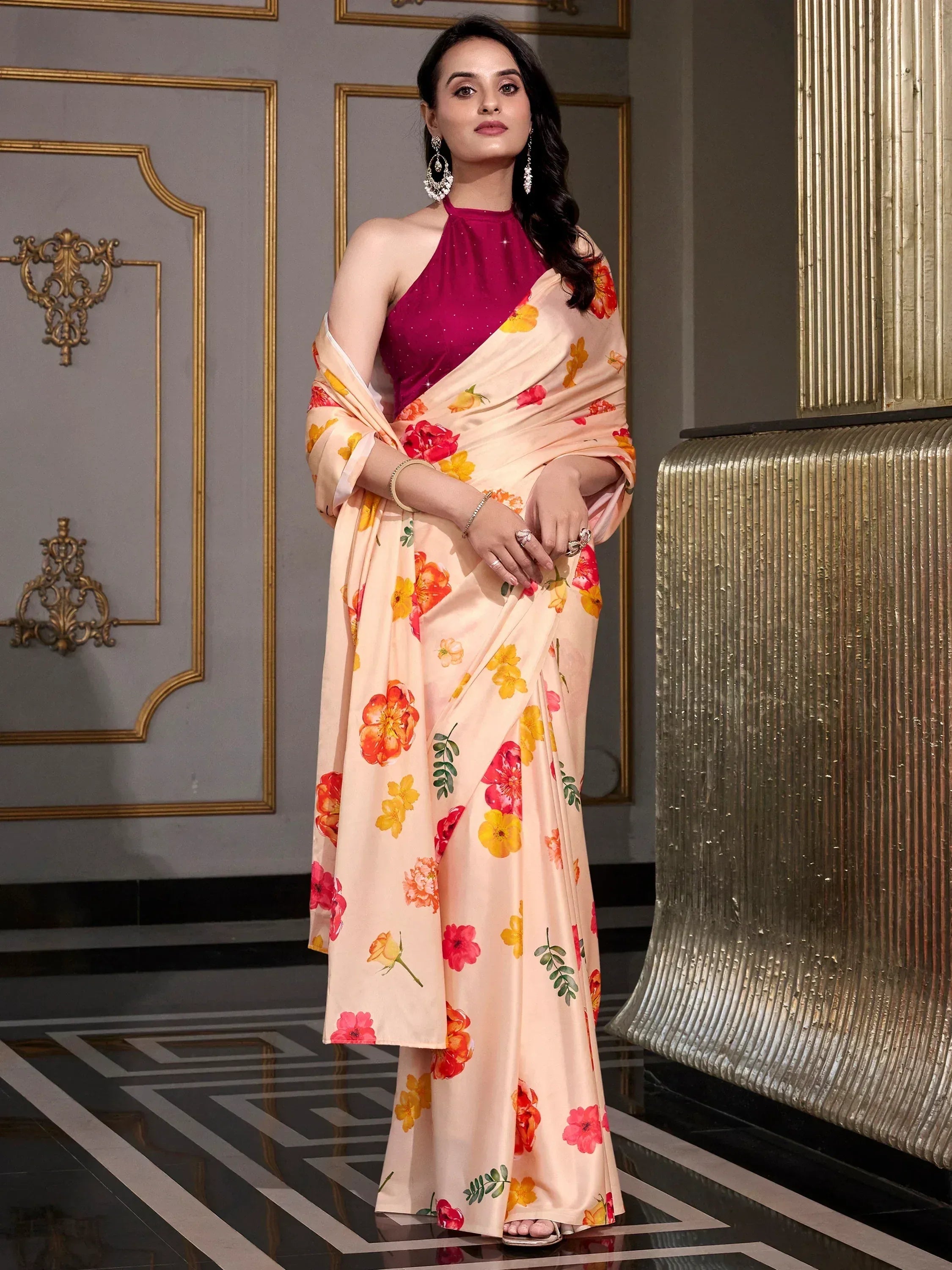 Floral print saree with pink halter neck blouse, elegant Indian ethnic wear for women