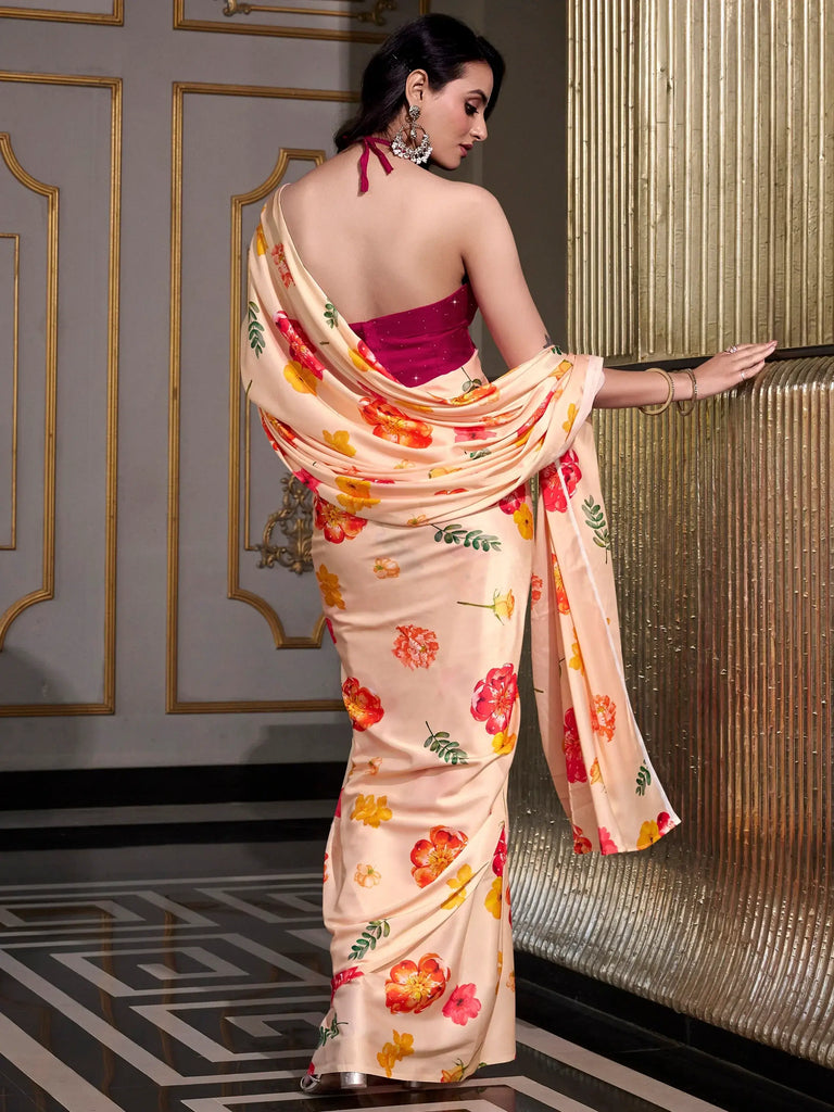 Fantastic Peach Floral Printed Satin Festive Wear Saree With Blouse