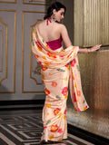 Fantastic Peach Floral Printed Satin Festive Wear Saree With Blouse