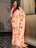 Fantastic Peach Floral Printed Satin Festive Wear Saree With Blouse