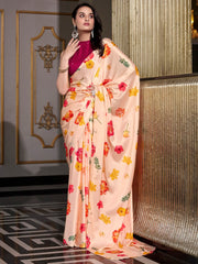 Fantastic Peach Floral Printed Satin Festive Wear Saree With Blouse