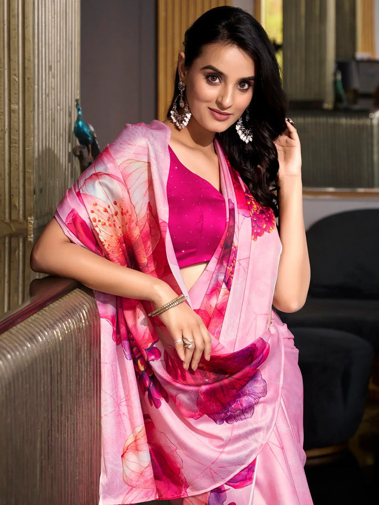 Mesmerizing Light Pink Floral Printed Satin Casual Wear Saree With Blouse
