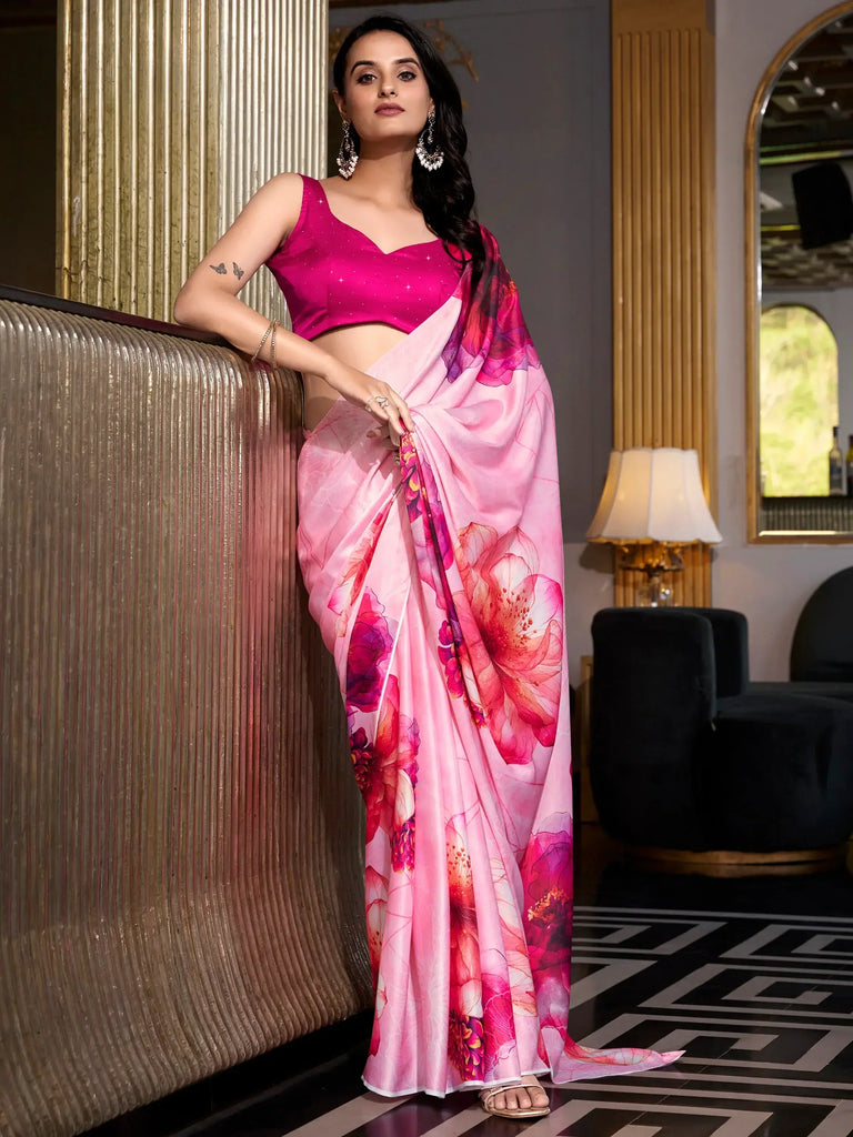 Mesmerizing Light Pink Floral Printed Satin Casual Wear Saree With Blouse