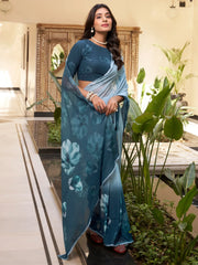 Stunning Teal Blue Floral Printed Chiffon Saree With Blouse