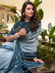 Stunning Teal Blue Floral Printed Chiffon Saree With Blouse