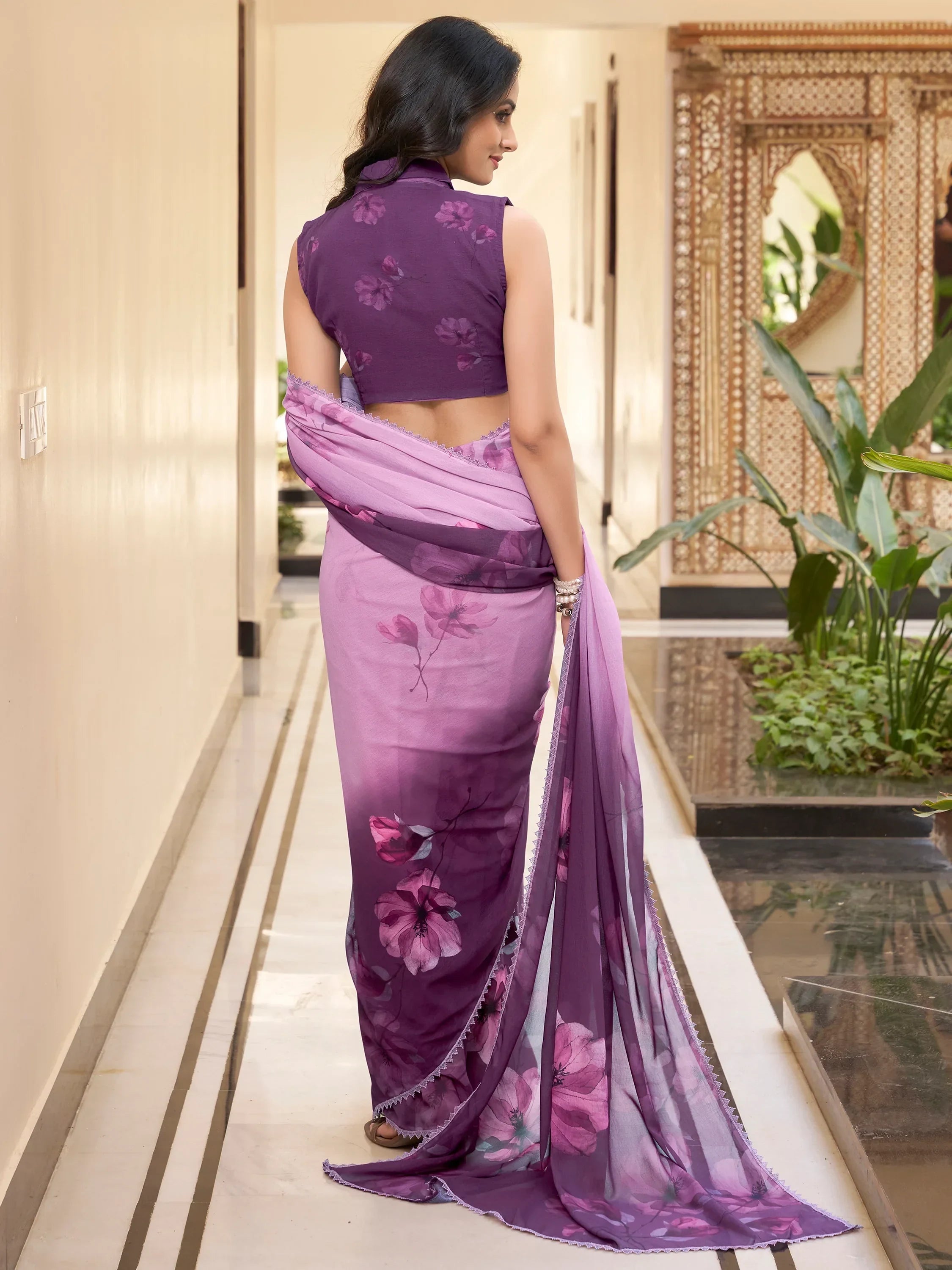 Glamorous Lavender Floral Printed Chiffon Traditional Saree With Blouse