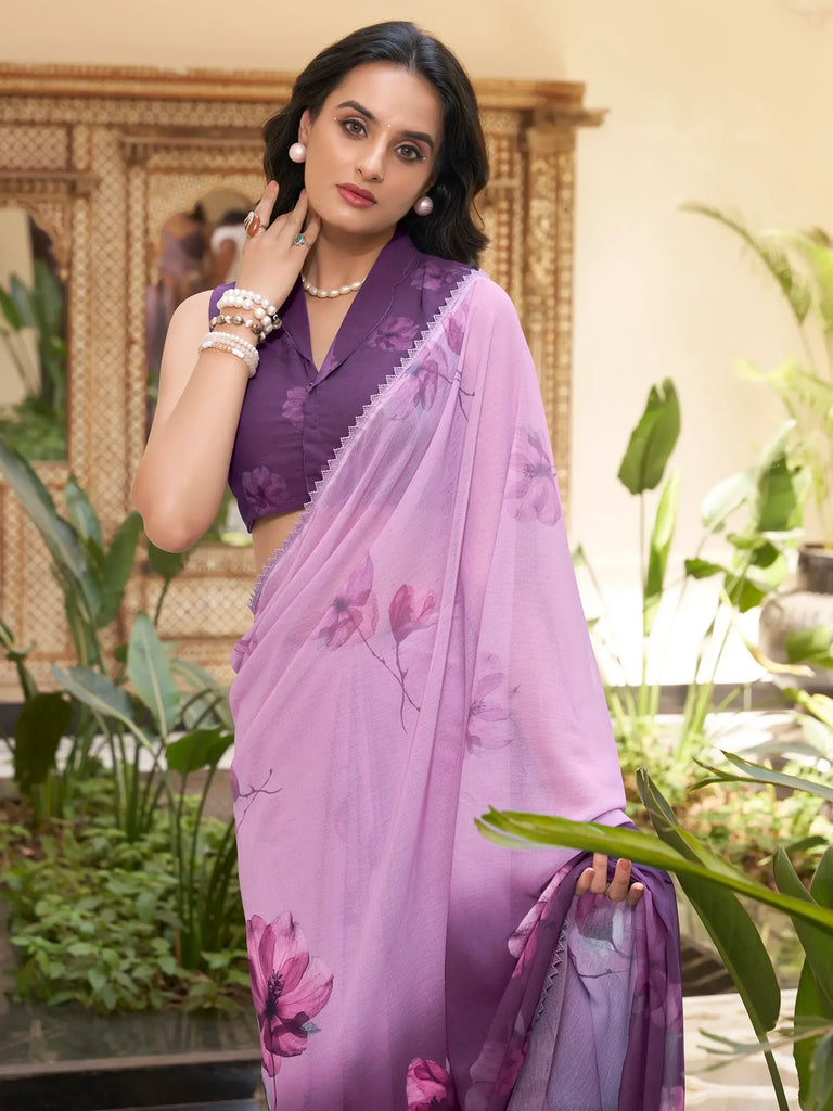 Glamorous Lavender Floral Printed Chiffon Traditional Saree With Blouse
