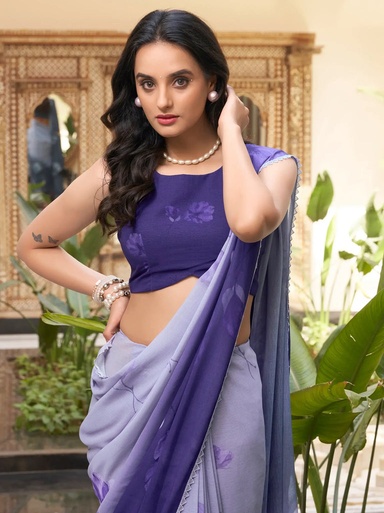 Gorgeous Purple Floral Printed Chiffon Casual Wear Saree With Blouse