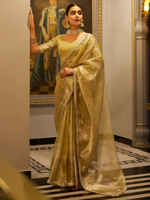 Adorable Golden Zari Weaving Tissue Silk Traditional Saree With Blouse